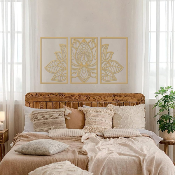 CIFbuy™ 铁艺曼陀罗莲花三联装饰画，禅意风墙面挂饰，轻奢主题家居软装（在 TikTok、temu 下可自提）-5