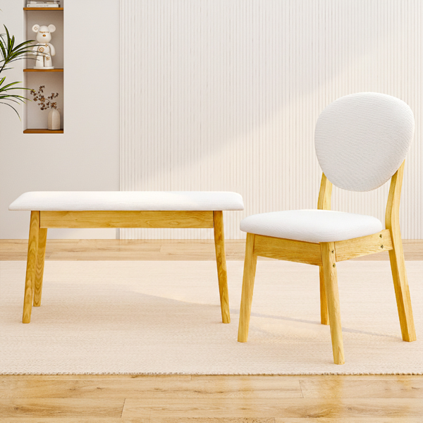 1桌4椅1凳 拆装 橡胶木+软包 原木色 餐桌椅套装 米色坐垫 长方形-16