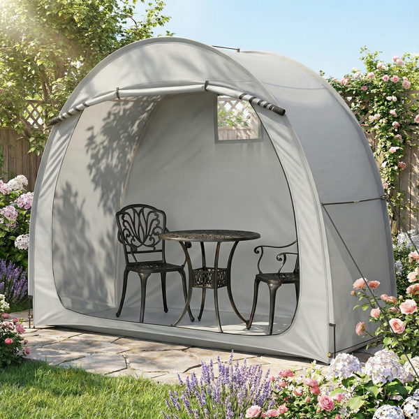 6.8X2.6FT 浅灰色 圆弧形 储物棚 单拉链门 内部配收纳袋 黑色玻纤杆框架 210DPU银胶牛津布 自行车储物棚 配拎包-14