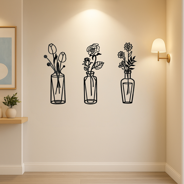 CIFbuy™ 金属花朵墙饰套装（3 件装）简约铁艺花瓶风格墙面艺术品，适用于厨房、浴室、客厅、卧室、书房、门廊、门厅，是家居空间装饰提升的理想之选，时尚的室内室外墙面雕塑（TikTok、temu下自提）-5