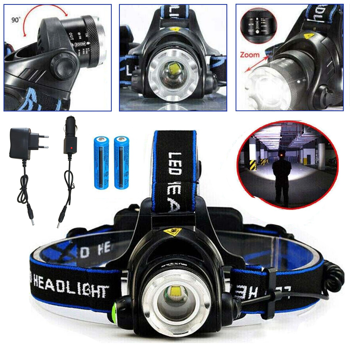 可充电LED头灯头灯野营徒步旅行头灯工作灯+电池+充电器套装