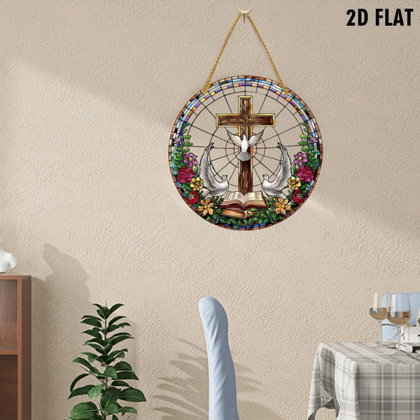 CIFbuy亚克力窗饰挂件带十字架白鸽 彩色窗花效果壁饰 户外花园装饰 彩色灵性礼品 (TikTok、temu下自提)-6