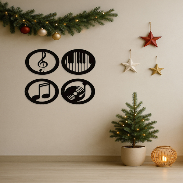 CIFbuy复古音乐主题四件套墙面艺术装饰组优雅黑色铁框 音乐爱好者礼物（TikTok、temu下自提）-4