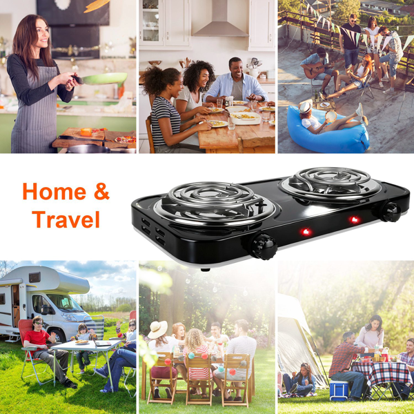 （自提可发加拿大，temu&tk下自提单）双燃烧器支持同时烹饪，双头电灶，2000 瓦速热 5 档调温，不锈钢机身便携款，适用家用、宿舍、房车场景，宿舍/公寓/房车/露营-2