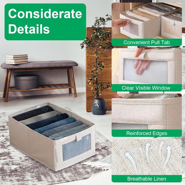 （自提可发加拿大，temu&tk下自提单）4 件套可折叠衣柜收纳盒，16.14×10.82×6.49 英寸带透明视窗收纳篮，可水洗亚麻布艺衣物整理筐适用于卧室、厨房、地下室，可收纳衣物、玩具、零食、工具-3