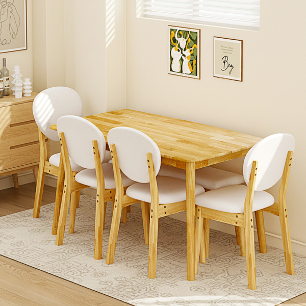 1桌4椅1凳 拆装 橡胶木+软包 原木色 餐桌椅套装 米色坐垫 长方形-14