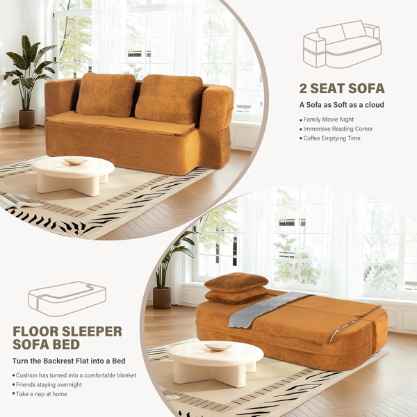 可转换沙发床，带毯子，客厅卧室用无骨云沙发，高密度实心海绵模块化沙发座，棕色-5