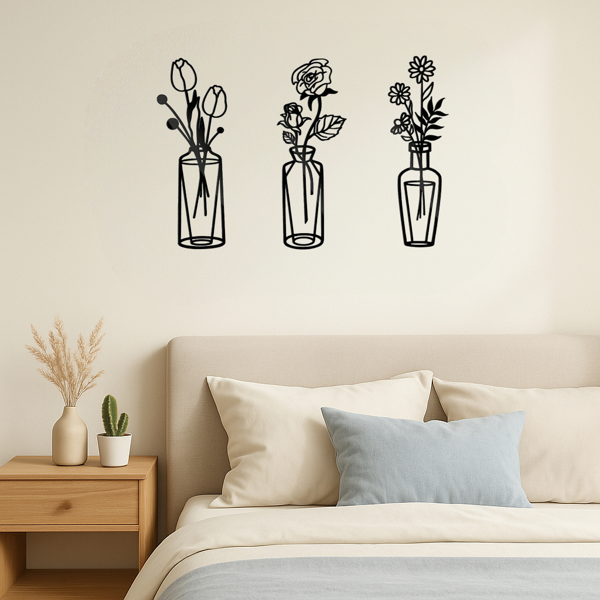 CIFbuy™ 金属花朵墙饰套装（3 件装）简约铁艺花瓶风格墙面艺术品，适用于厨房、浴室、客厅、卧室、书房、门廊、门厅，是家居空间装饰提升的理想之选，时尚的室内室外墙面雕塑（TikTok、temu下自提）-3