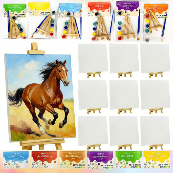 24 套情人节儿童礼物套装，包含情人节卡片、迷你油画画布、木制画架、水彩颜料和画笔，适合学校课堂交换礼物（彩虹色）-4