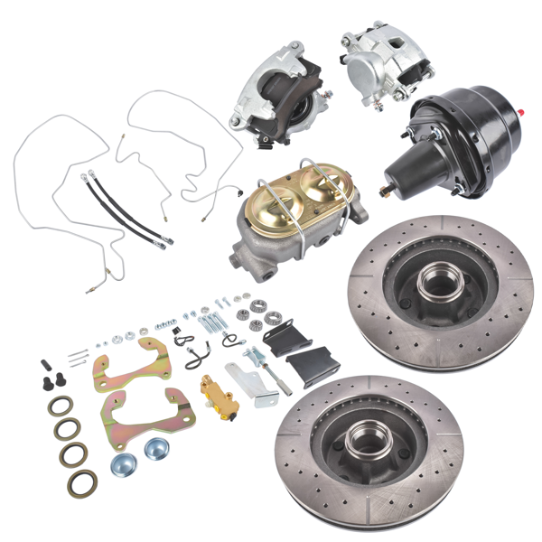 刹车盘套装 7Inch Dual Booster Front Power Disc Brake Conversion Kit Drilled & Slotted Fits for Chevy Full-Size Cars Biscayne Impala Bel Air 1959-1964-2