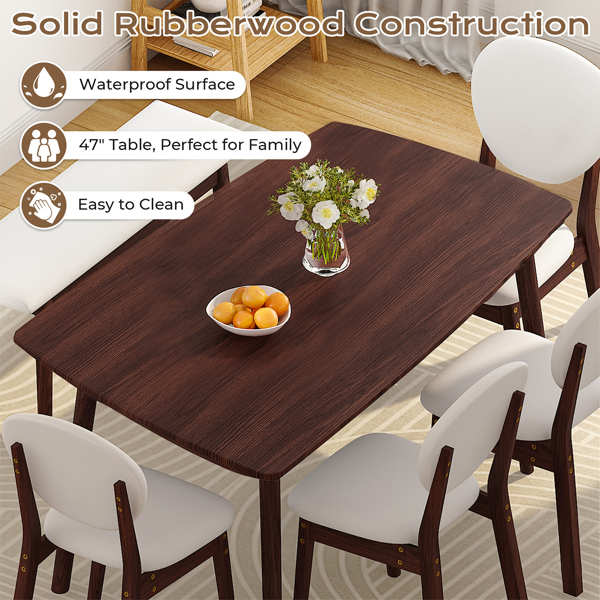 1桌4椅1凳 拆装 橡胶木+软包 深胡桃色 餐桌椅套装 米色坐垫 长方形-2