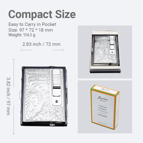 LEGENDEX®优雅*珞银面金属烟盒标准84毫米小雪茄/香烟盒内嵌防风打火机雪茄香烟厨房户外可重复充气可调节火焰高度便携式-4