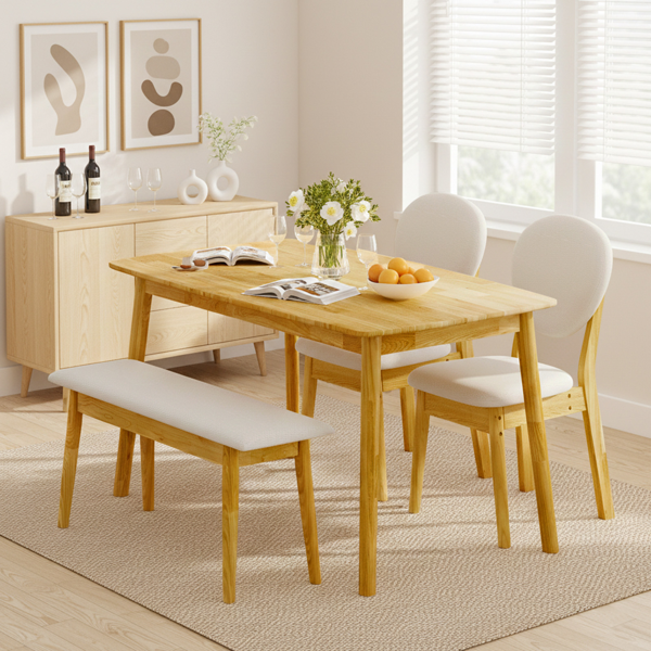1桌2椅1凳 拆装 橡胶木+软包 原木色 餐桌椅套装 米色坐垫 长方形-19