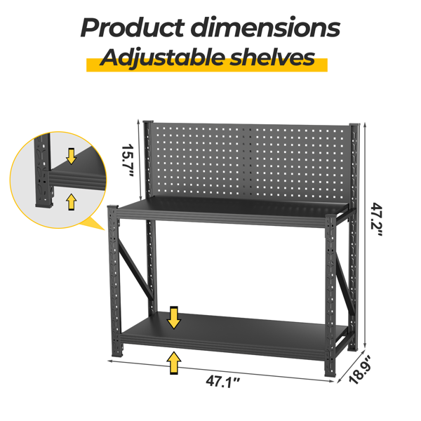 Temu仅支持带钉板的自提式工作台、带轮子可调货架的重型3000磅工作台、工具车、车库仓库工作台47.2英寸高*47.09英寸宽*19英寸深-2