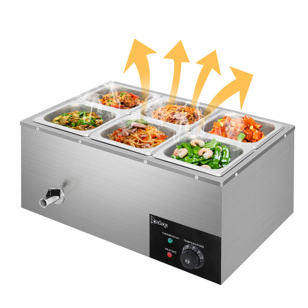 美规 C6C-1/6 110.00V 1200W 保温汤池 银色 不锈钢 6个1/6盆汤池 加热食物 带一个汤池一个漏勺-8
