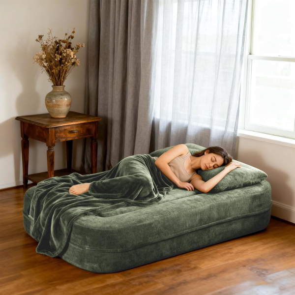 可转换沙发床，带毯子，客厅卧室用无骨云沙发，高密度实心海绵模块化沙发座，绿色-7