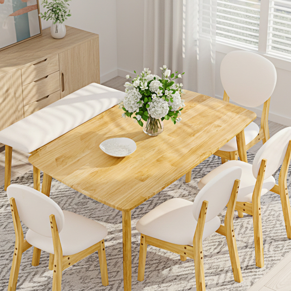 1桌4椅1凳 拆装 橡胶木+软包 原木色 餐桌椅套装 米色坐垫 长方形-18