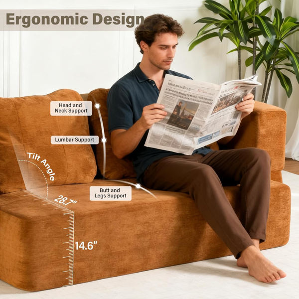 可转换沙发床，带毯子，客厅卧室用无骨云沙发，高密度实心海绵模块化沙发座，棕色-6