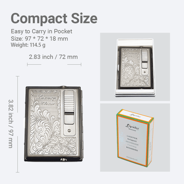 LEGENDEX®优雅*黑镍面金属烟盒标准84毫米小雪茄/香烟盒内嵌防风打火机雪茄香烟厨房户外可重复充气可调节火焰高度便携式-4