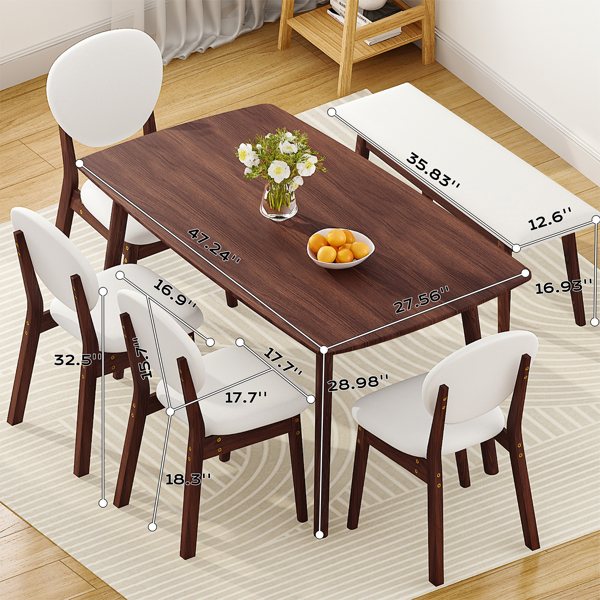 1桌4椅1凳 拆装 橡胶木+软包 深胡桃色 餐桌椅套装 米色坐垫 长方形-20