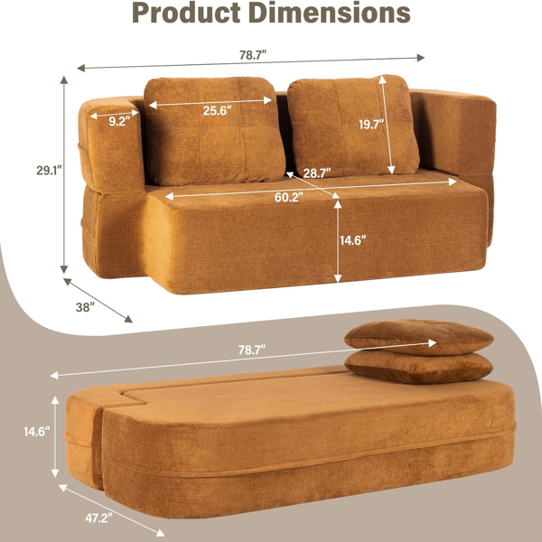 可转换沙发床，带毯子，客厅卧室用无骨云沙发，高密度实心海绵模块化沙发座，棕色-2