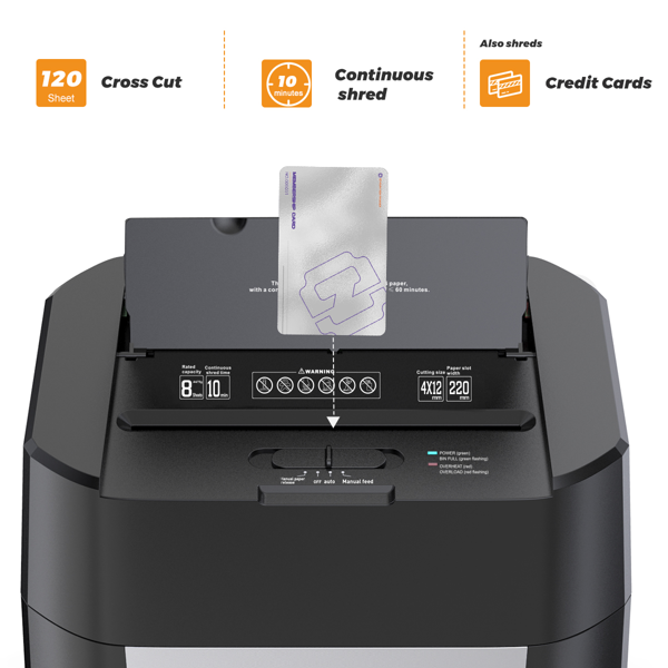 家用/办公120页自动进纸碎纸机，60分钟不间断运行，商用级重型碎纸机，带滚轮的交叉切割碎纸机，P-4安全等级，5.28加仑容量，噪音低于60分贝-7
