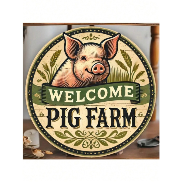 CIFbuy复古猪场主题设计平面金属标志圆形锡墙艺术墙饰(TikTok、temu下自提)-3