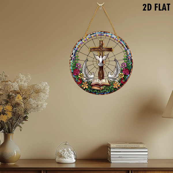 CIFbuy亚克力窗饰挂件带十字架白鸽 彩色窗花效果壁饰 户外花园装饰 彩色灵性礼品 (TikTok、temu下自提)-5