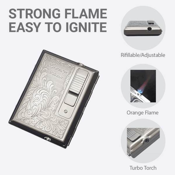 LEGENDEX®优雅*黑镍面金属烟盒标准84毫米小雪茄/香烟盒内嵌防风打火机雪茄香烟厨房户外可重复充气可调节火焰高度便携式-3