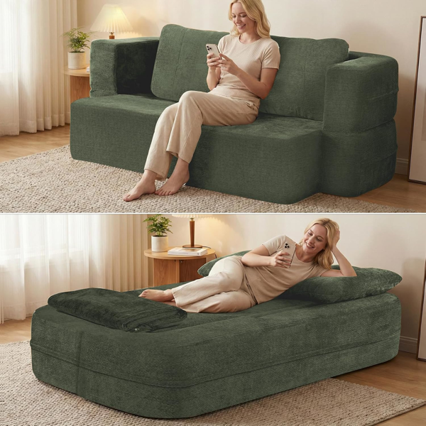可转换沙发床，带毯子，客厅卧室用无骨云沙发，高密度实心海绵模块化沙发座，绿色-1