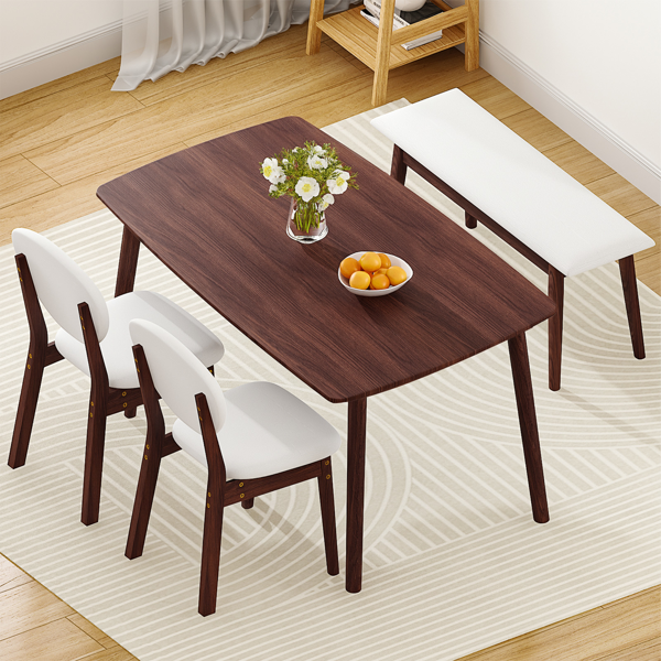 1桌2椅1凳 拆装 橡胶木+软包 深胡桃色 餐桌椅套装 米色坐垫 长方形-14