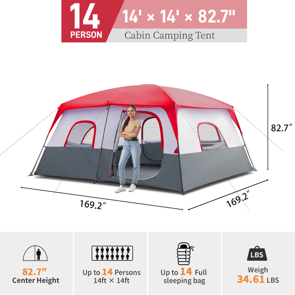14人 红白色 露营帐篷 涤纶布 玻璃纤维杆 430*430*210cm-8