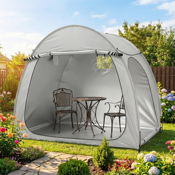 6.8X4.9FT 浅灰色 圆弧形 储物棚  双门(前侧和右侧) 内部配收纳袋 黑色玻纤杆框架 210DPU银胶牛津布 自行车储物棚 配拎包-14