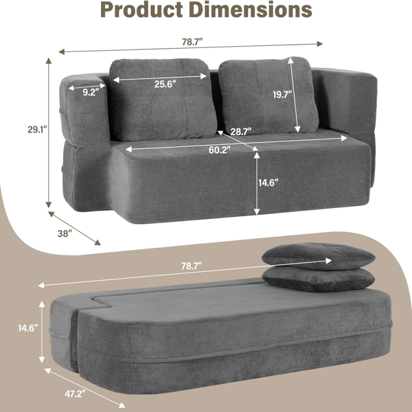 可转换沙发床，带毯子，客厅卧室用无骨云沙发，高密度实心海绵模块化沙发座，灰色-2