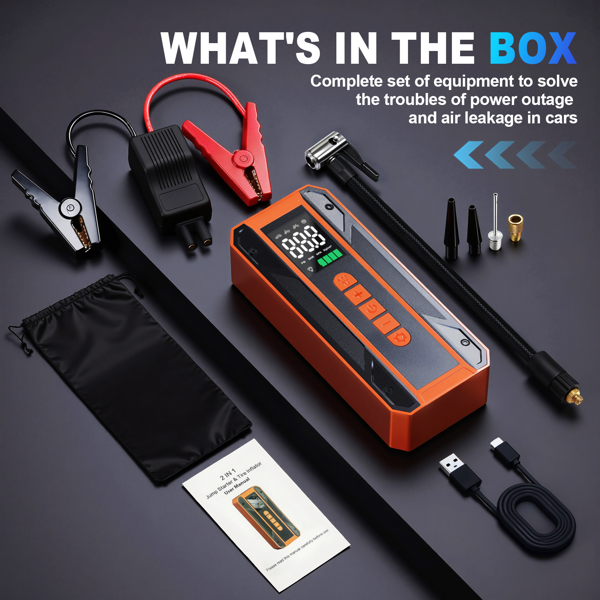 带150PSI轮胎充气机的车载跳跃式起动机便携式电池组、 带空气压缩机的跳跃式起动机、带LCD显示器的车载充电器电池增压器12V跳跃盒、3模式应急手电筒-9