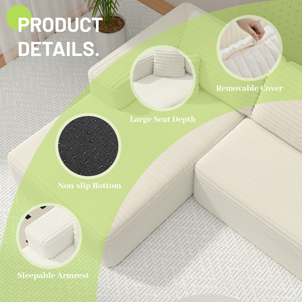 模块化宽条纹灯芯绒组合沙发｜全海绵深座二人位沙发 + 左侧贵妃躺椅｜现代客厅休闲沙发-9