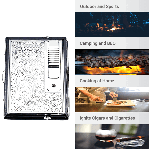 LEGENDEX®优雅*珞银面金属烟盒标准84毫米小雪茄/香烟盒内嵌防风打火机雪茄香烟厨房户外可重复充气可调节火焰高度便携式-5