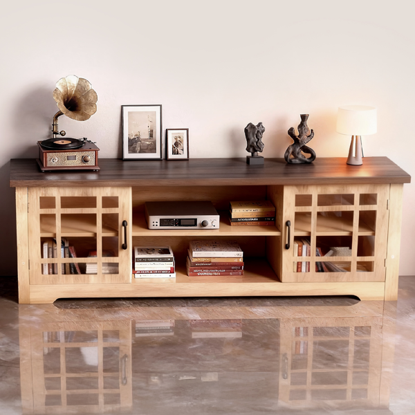 深棕色顶+原木色柜体 刨花板贴三胺 147*40*56cm 双玻璃门 电视柜-8