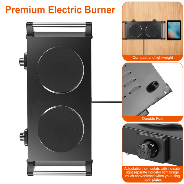 （自提可发加拿大，temu&tk下自提单）2000 瓦双灶电加热板，5 档温度调节（200℃-500℃），便携式台面炉，适用于所有平底炊具，加热快速均匀，易于清洁，适合宿舍、房车、公寓使用-5