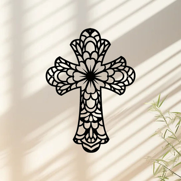 现代和时尚的创意装饰金属墙艺术与美丽的复古风格的十字架装饰墙-高级级墙雕塑。（TikTok、temu下自提）-1