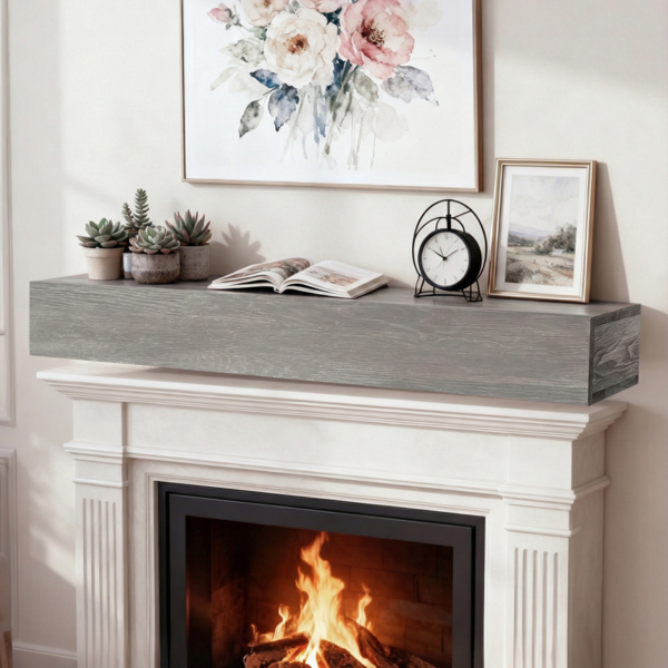 新款室内家居60英寸壁炉架实木置物架-灰色，可自提-1