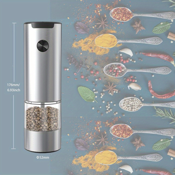 1个电动盐和胡椒研磨器，单手自动操作，白色LED灯，双充电底座，可调节粗细度，电池供电，容量大-3