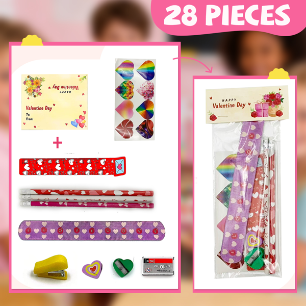 28 Packs/140pcs Valentines Day Stationery Kids Gift Set for School Classmates Exchange, Party Favor, Includes Pencils, Erasers, Stamper, Stickers-3