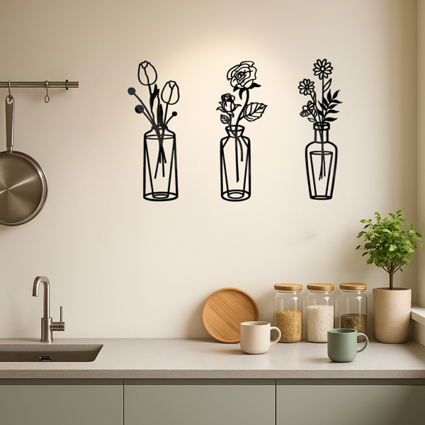 CIFbuy™ 金属花朵墙饰套装（3 件装）简约铁艺花瓶风格墙面艺术品，适用于厨房、浴室、客厅、卧室、书房、门廊、门厅，是家居空间装饰提升的理想之选，时尚的室内室外墙面雕塑（TikTok、temu下自提）-1