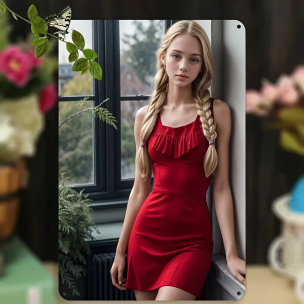 CIFbuy复古金发女孩红裙铝制墙面装饰画 TikTok、temu下自提-1