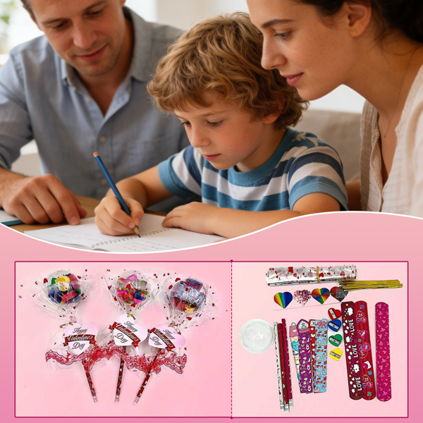 不含糖果的儿童情人节礼物——24 件装巨型棒棒糖文具情人节套装，包含卡片、铅笔、橡皮、尺子和贴纸——适合教室情人节卡片和学校派对礼物-3