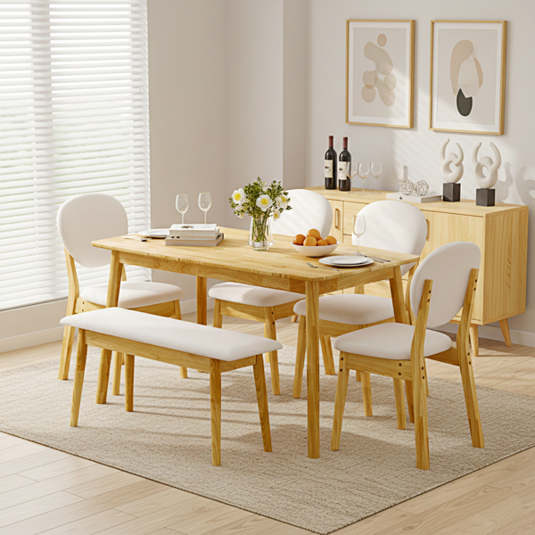 1桌4椅1凳 拆装 橡胶木+软包 原木色 餐桌椅套装 米色坐垫 长方形-20
