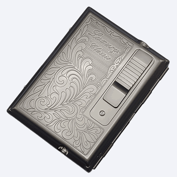 LEGENDEX®优雅*黑镍面金属烟盒标准84毫米小雪茄/香烟盒内嵌防风打火机雪茄香烟厨房户外可重复充气可调节火焰高度便携式