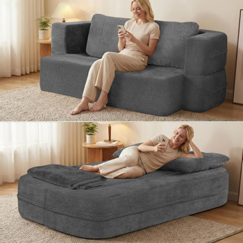 可转换沙发床，带毯子，客厅卧室用无骨云沙发，高密度实心海绵模块化沙发座，灰色