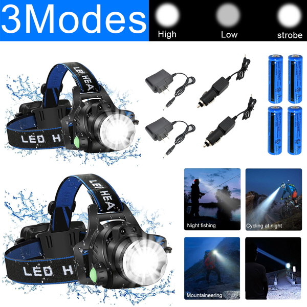（2套）可充电LED头灯露营徒步旅行头灯工作灯+电池+充电器套装(物流仅支持发USPS，TK/TEMU仅自提)-1